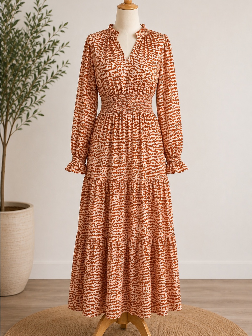 Smocked Waist Tiered Maxi Dress in Rust Dot
